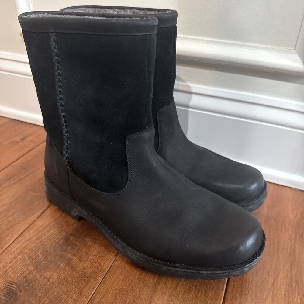 Men’s UGG Foerster Boots Waterproof Black Leather Size 12 shearling